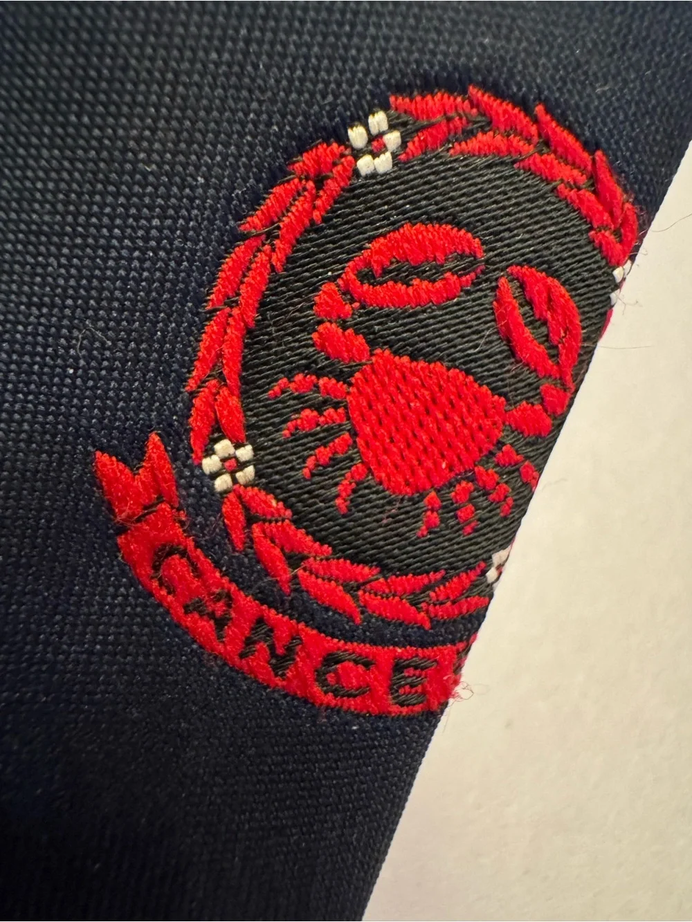 1960s Bronzini Cain Sloan Co Navy Silk Tie Embroidered Cancer Crab Zodiac Signs